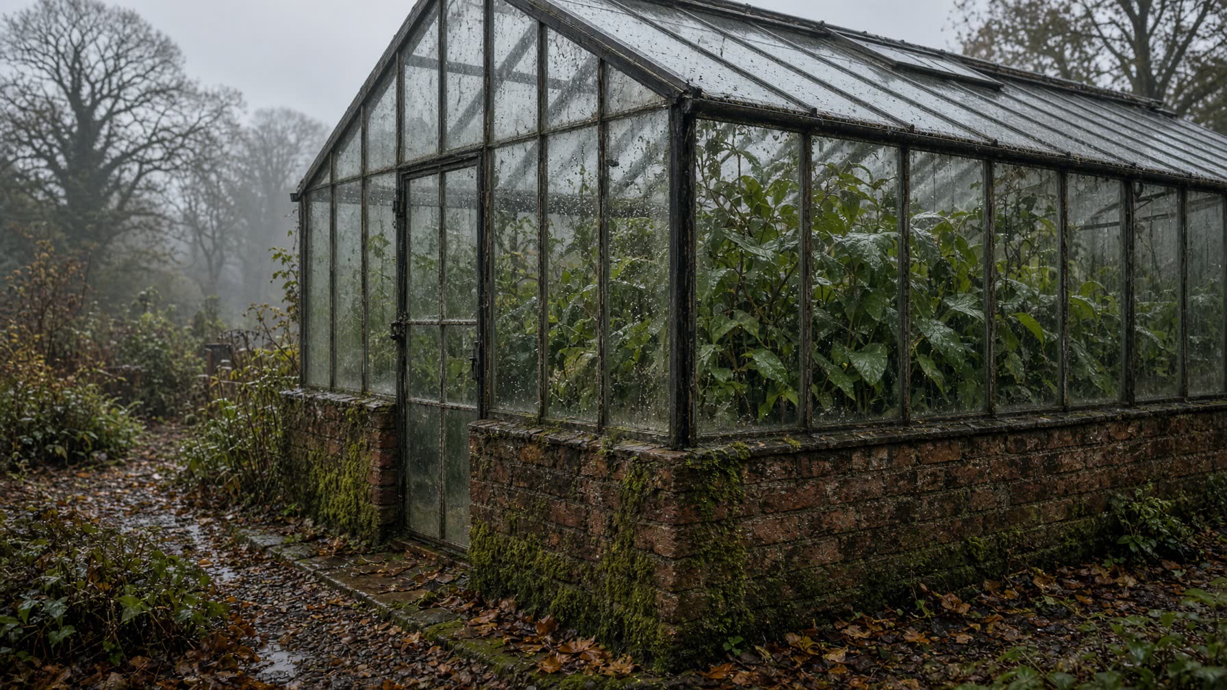 A wet UK greenhouse in autumn