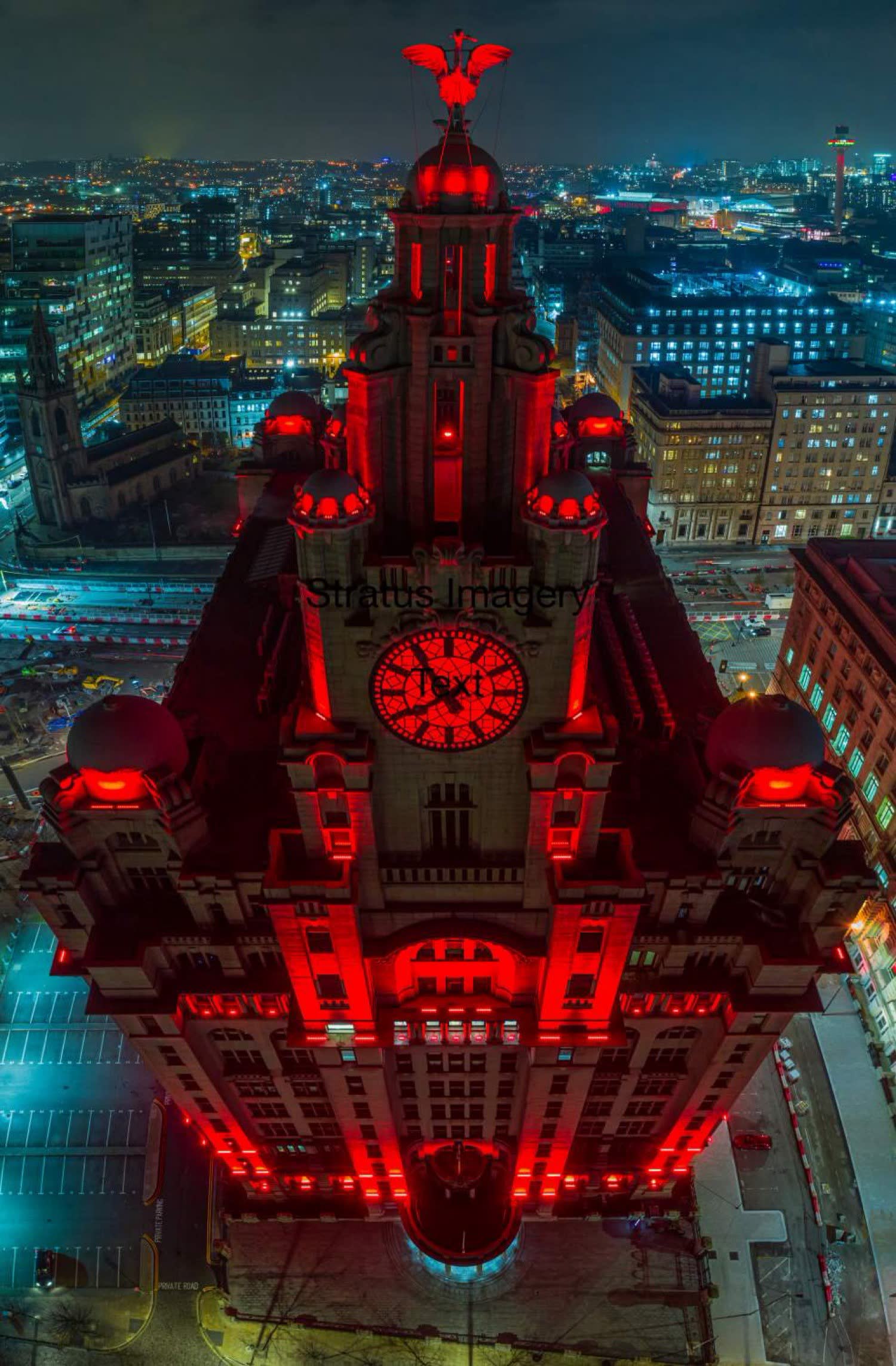 Royal Liver Building, Liverpool, lit red at night