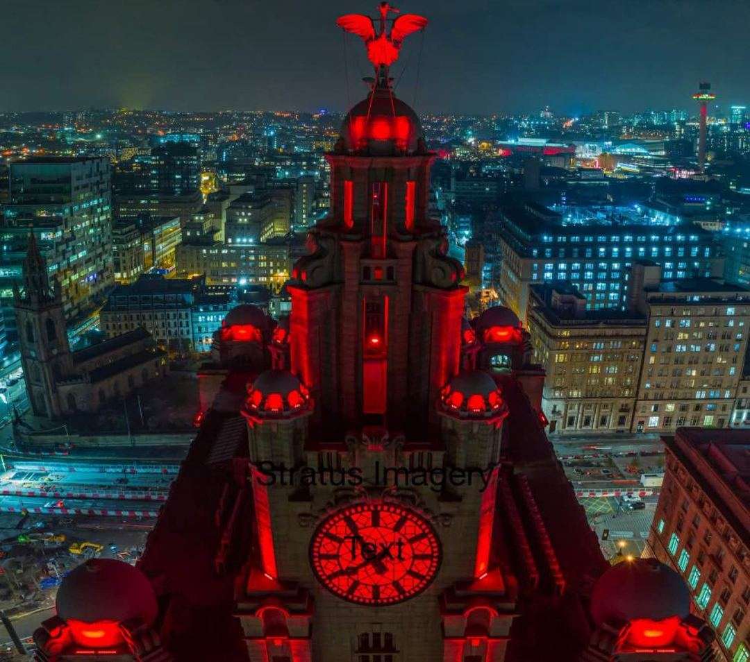 Royal Liver Building, Liverpool, lit red at night